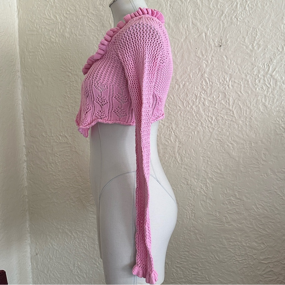 Urban Outfitters Lily Open Knit Flyaway Cardigan Pink Cropped Shrug Sweater S - Picture 5 of 10
